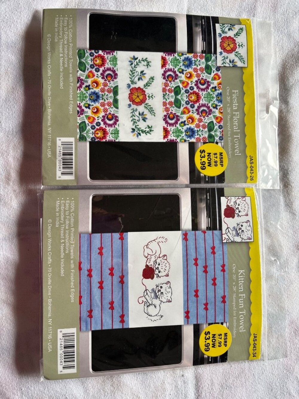 Kitten & Floral Embroidery Towel Kits 20"x28" Cotton Printed Designs With Thread